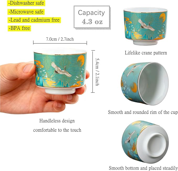 Chinese Tea Cups Set of 4, Crane Pattern Enamel Ceramic Cup, 4.3 oz | Handleless