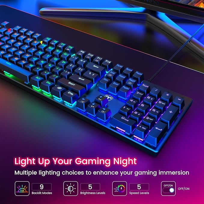 RisoPhy Mechanical Gaming Keyboard, RGB 104 Keys Ultra-Slim LED Backlit USB
