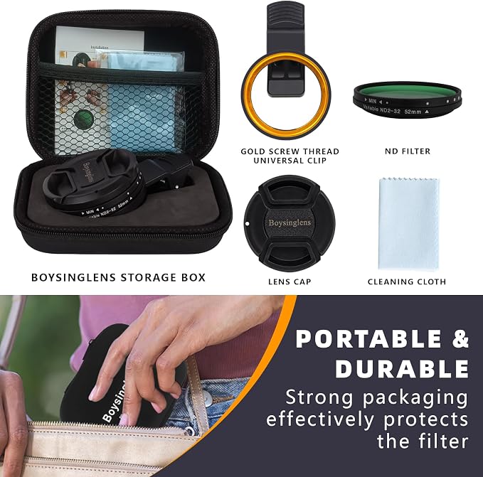 52MM Clip-on Variable ND2-32 Phone Lens Filter Kit, Ultra Slim Multi-Coated