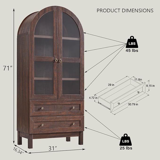 71" Tall Arched Kitchen Pantry Cabinet