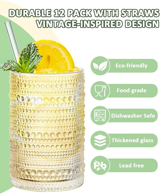 Large Capacity Glasses Drinking Set of 12, 15 oz Vintage Glassware Hobnail