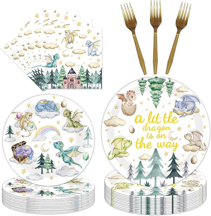 EUOYUFO 96Pcs A Little Dragon is On The Way Baby Shower Paper Plates Napkins