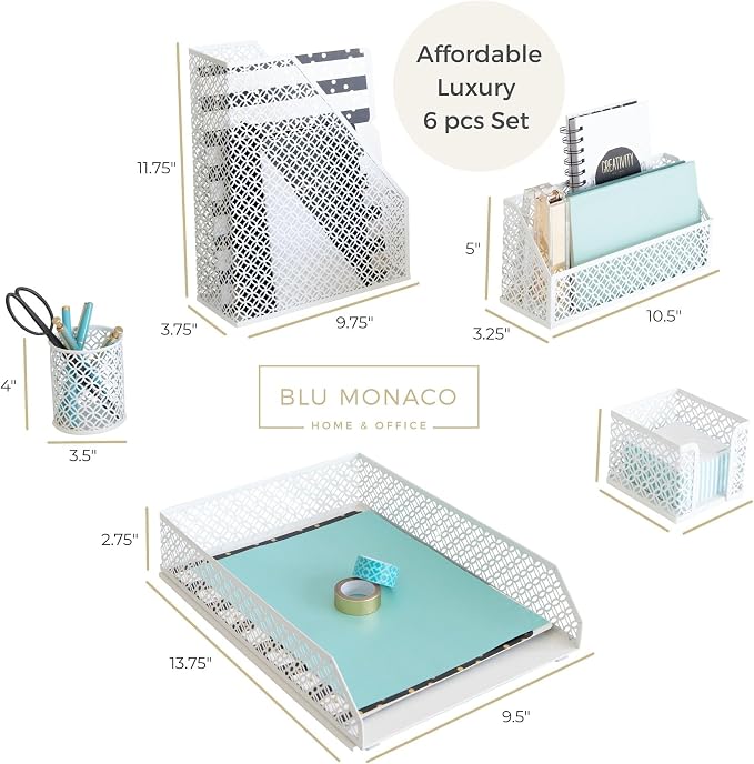 BLU MONACO | White Desk Organizer Set 6 Piece | Mail Sorter Organizer Countertop