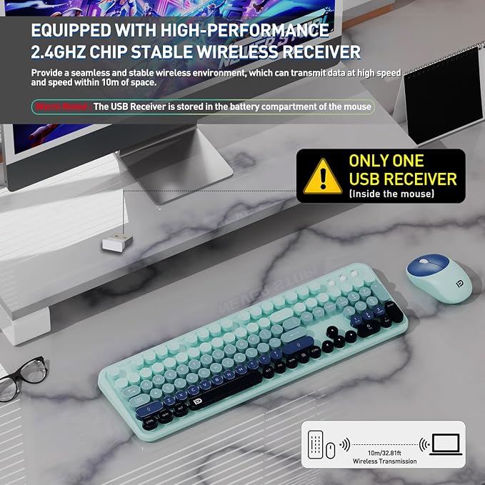 Wireless Keyboard and Mouse Set, 104 Round Keys Full-Size Cute Colorful