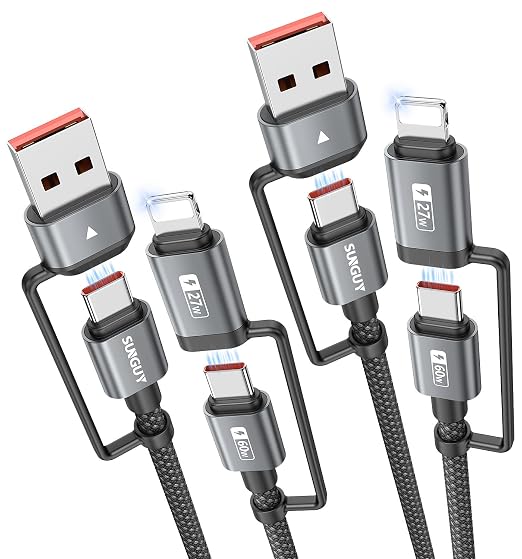 SUNGUY 4 in 1 Charging Cable 3FT, 60W Multi Charging Cable, USB-C/A to
