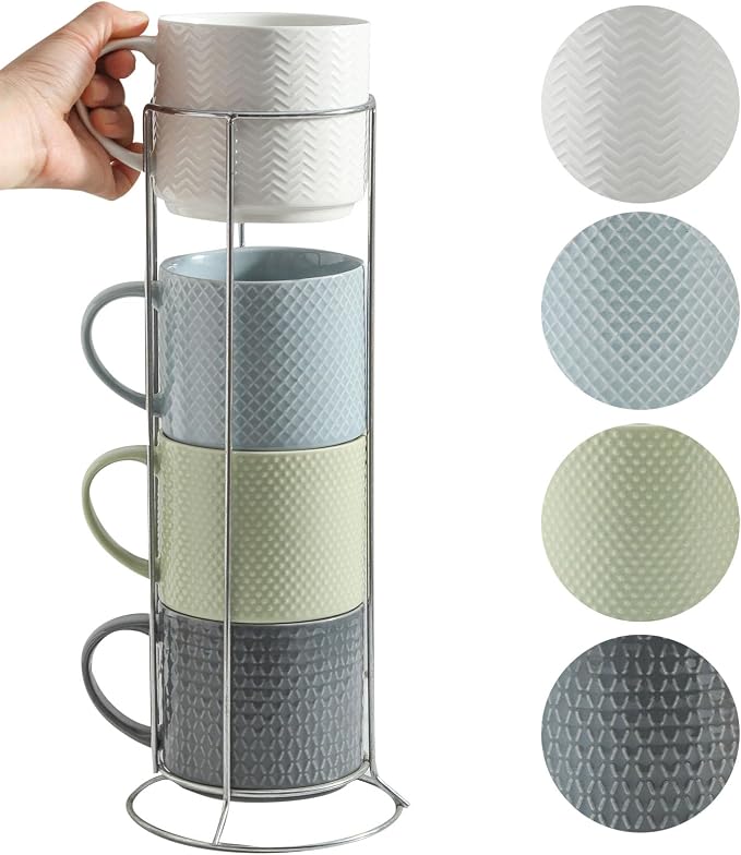 HASENSE Coffee Mugs with Metal Stand, 15 oz Ceramic Stackable Mug Set Embossed