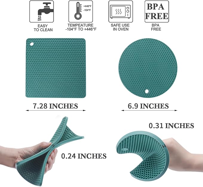 4 Pack Silicone Trivets for Hot Dishes, Dark Green Silicone Hot Pads Trivet for