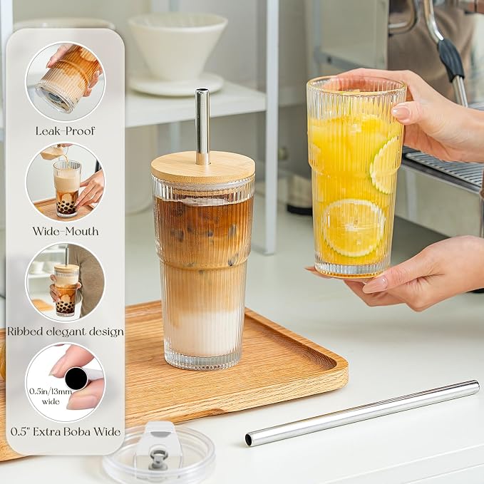 KEMORELA 20oz Ribbed Glass Tumblers