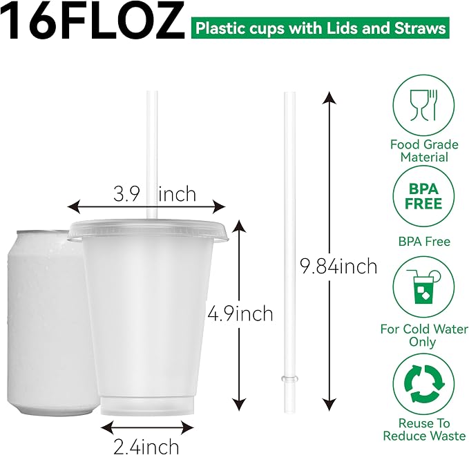 Reusable Translucent Plastic Cups - 16 oz Frosted Clear Cold Drink Tumbler -