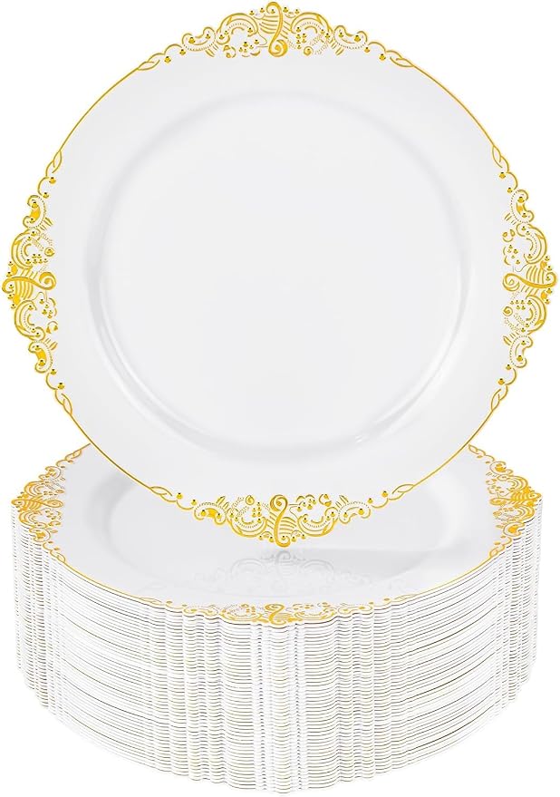 Nervure 100Pcs 10.25'' Gold Plastic Plates, Heavy Duty Disposable Plates