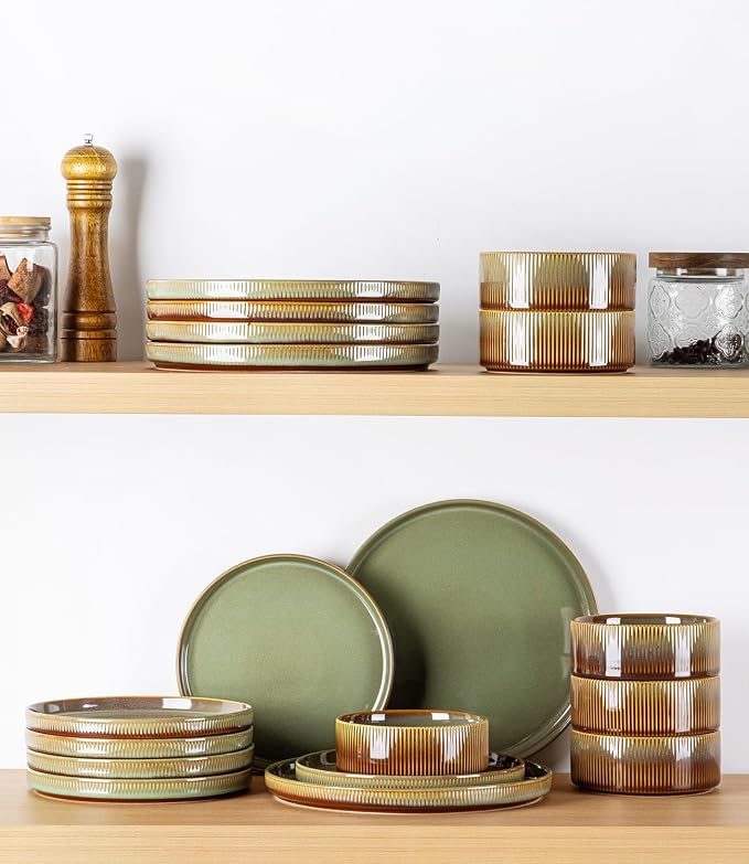 Ceramic Dinnerware Set for 4, 12-Piece Plates and Bowls Set | Lightweight