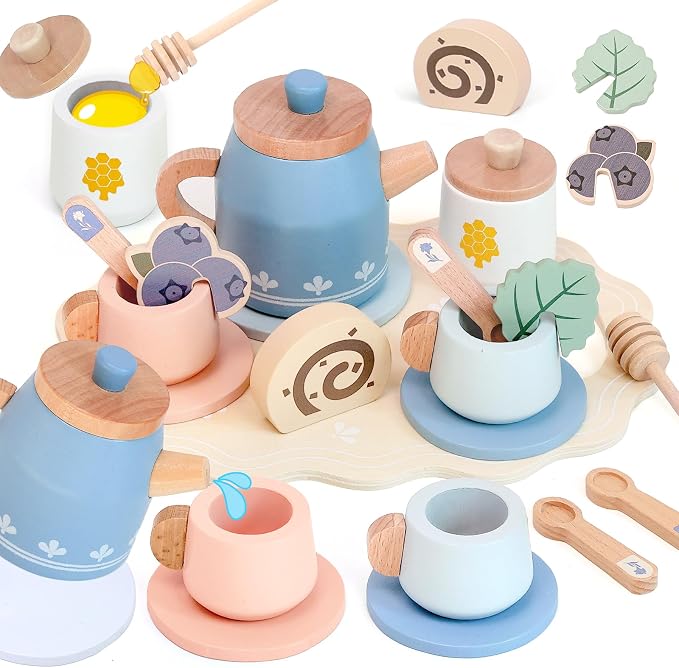 Wooden Tea Set for Little Girls, Play Food Sets for Kids Pretend Play Kitchen