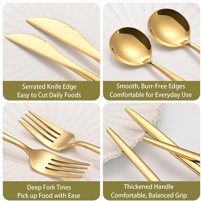 60-Piece Gold Silverware Set for 20, Food Grade Stainless Steel Flatware Set