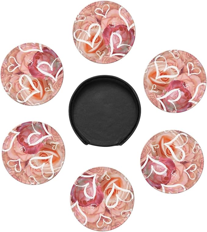 Drink Coasters with Holder Stand Set of 6, Heart Pink Rose Flower Pu Leather