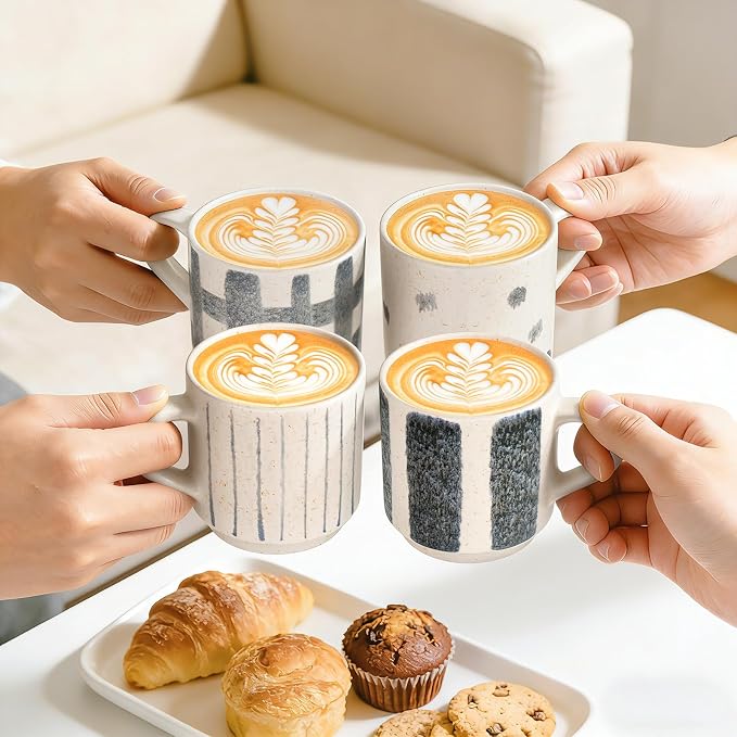 Pilnocok Ceramic Coffee Mugs Set of 4, 10 oz Blue and White Pattern Cups |