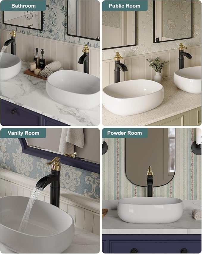Waterfall Vessel Sink Faucet Black and Gold Bathroom Faucet 1 Hole
