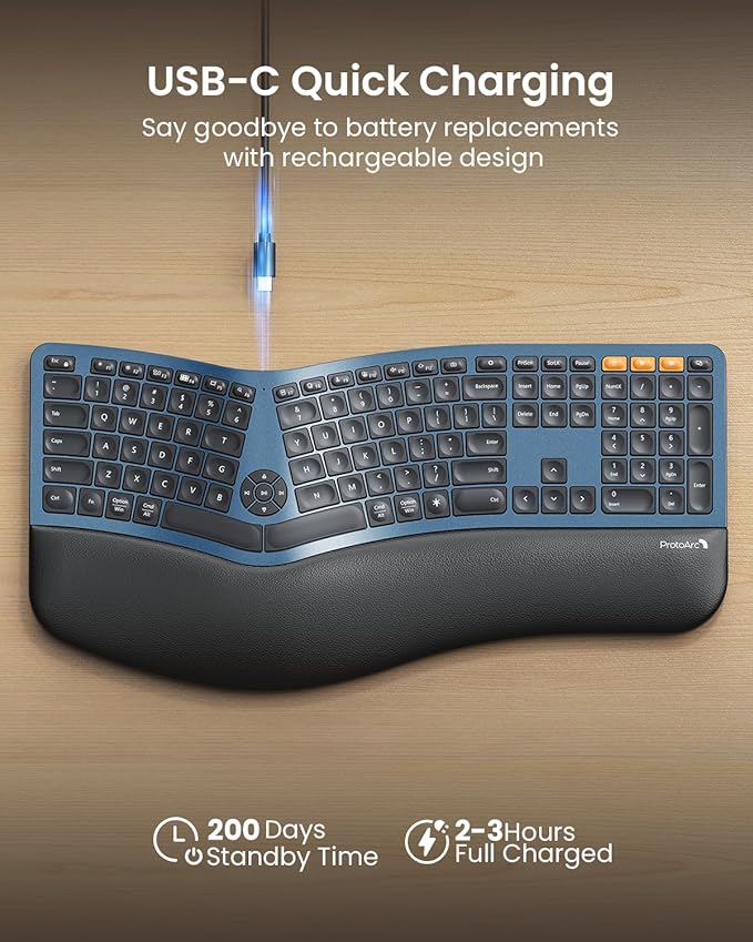 ProtoArc Backlit Bluetooth Ergonomic Keyboard, EK01 Plus Full Size Wireless