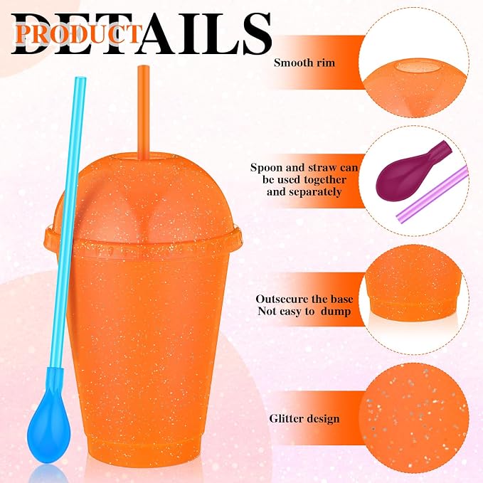 6 Set Slushie Cups with Dome Lids and Straws Detachable Spoon Straws Reusable