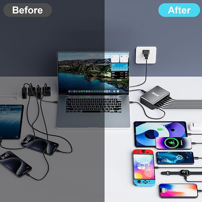 320W USB C Fast Charger Block, 8 Port USB Charging Station, GaN Ⅲ Pro 100W PD