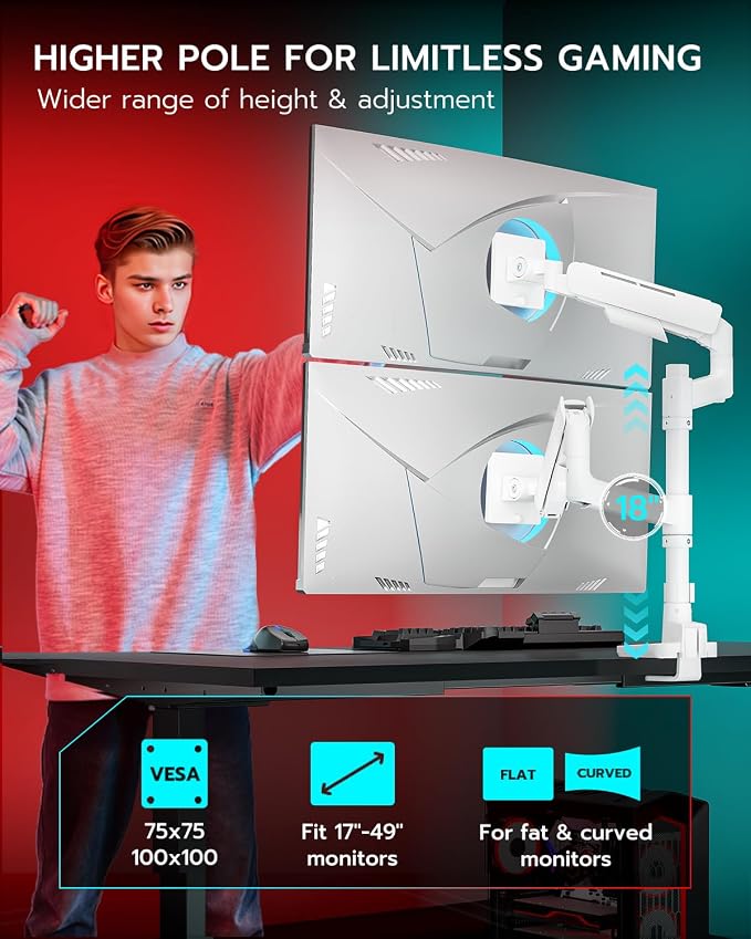 Vertical Dual Monitor Mount for 17-49 Inch Ultrawide Heavy Duty Curved Screen