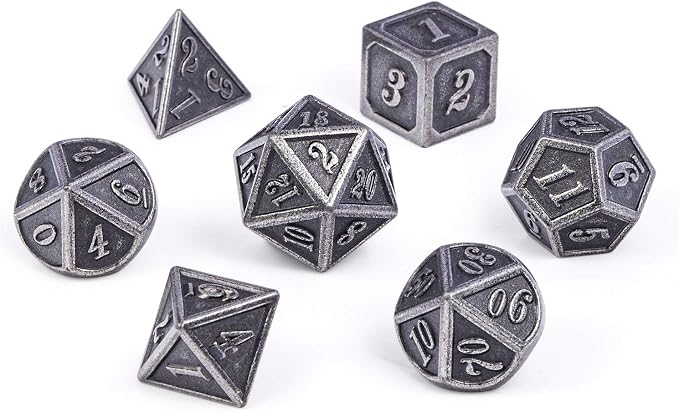 DnDnD Acient Silver Metal DND Dice Set, Pathfinder, Savage World and Table Games