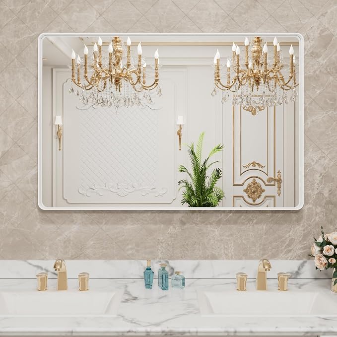 48x30 Inch White Metal Framed Bathroom Mirror