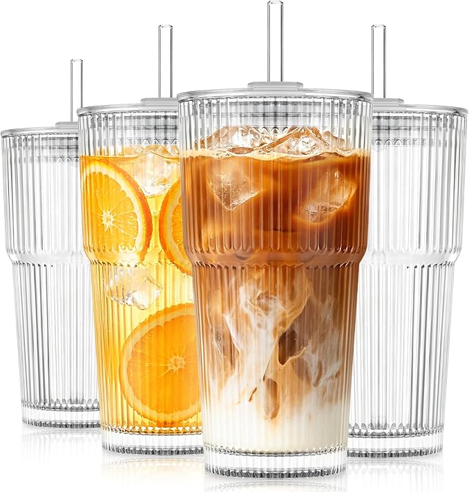 KEMORELA 20oz Ribbed glass cups