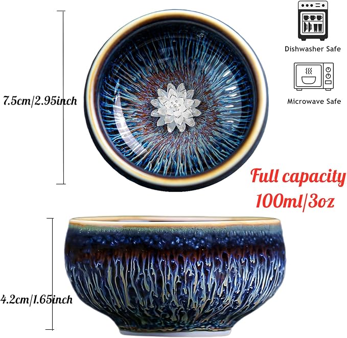 Tenmoku Ceramic Tea Cup with Lotus, 3 oz Chinese Small Teacup | Handmade