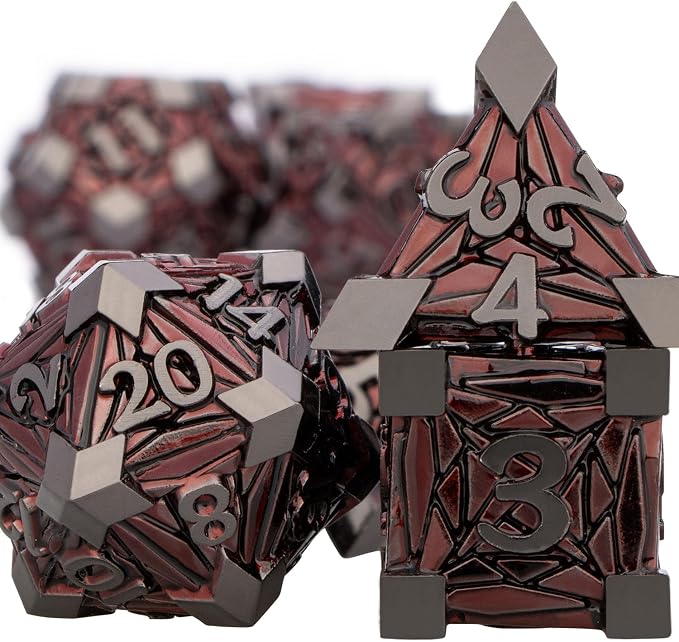 7PCS Metal DND Dice Set with Box, Debris RPG Red D and D Dice
