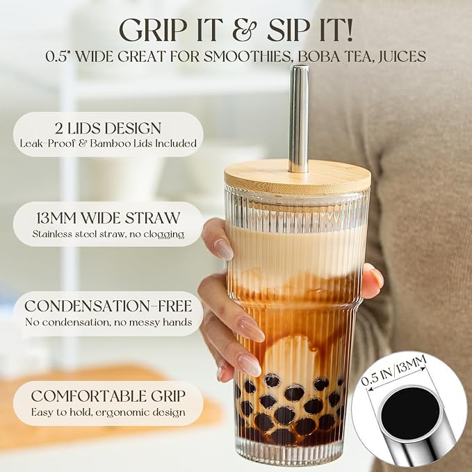 KEMORELA 20oz Ribbed Glass Tumblers