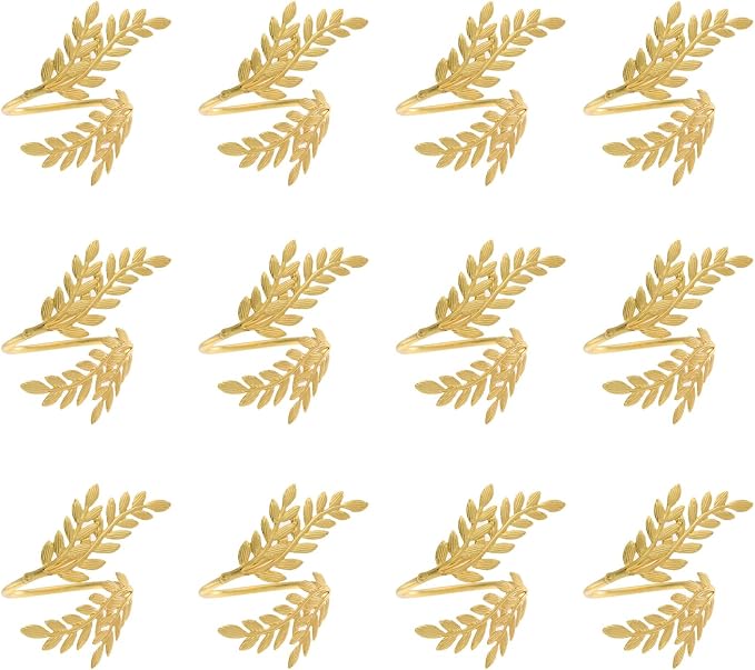 14K Gold Napkin Rings Set of 12, Metal Gold Leaf Napkins Rings Holder Buckles