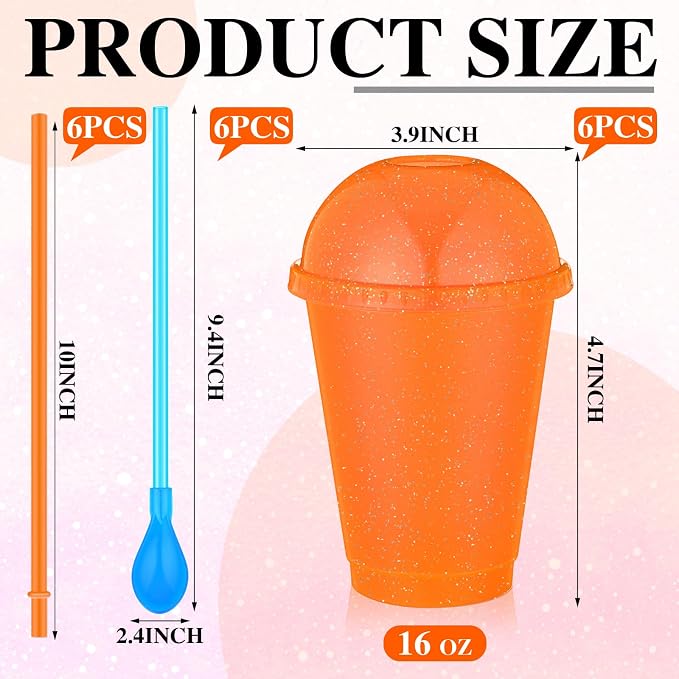 6 Set Slushie Cups with Dome Lids and Straws Detachable Spoon Straws Reusable