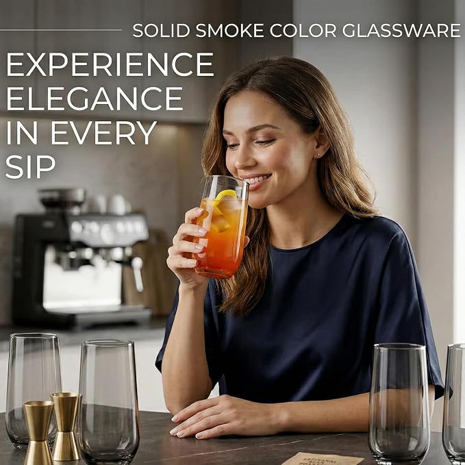 Smokey Sand Drinking Glasses Set of 6 | Translucent Brown Glassware | 16 oz
