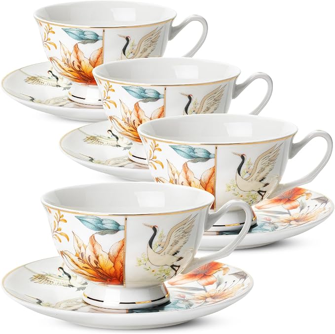BTaT- Floral Tea Cups and Saucers Set of 4, Porcelain Tea Cup Sets