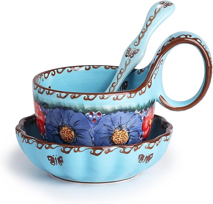 silesia Handmade Loop Handle Soup Bowl, Plate and Spoon Set Ceramic Hand
