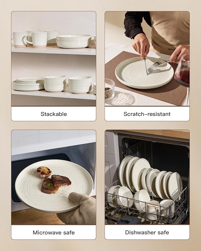 Stoneware Dinnerware Sets for 8, Plates and Bowls, Cream | 24-Piece Ceramic