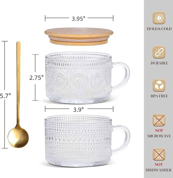 Vintage Glass Mugs 2pcs Overnight Oats Cups Embossed Tea Cups Coffee Mugs |