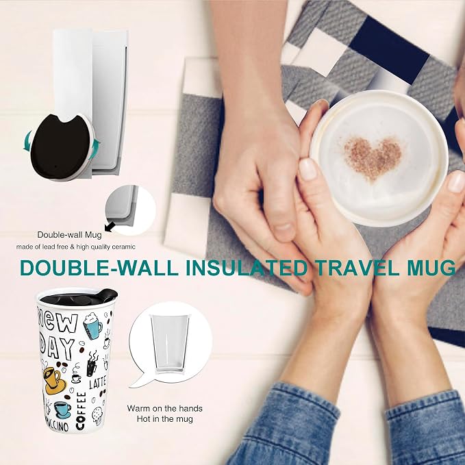 Ceramic Travel Coffee Mug, 12 oz, Travel Mug