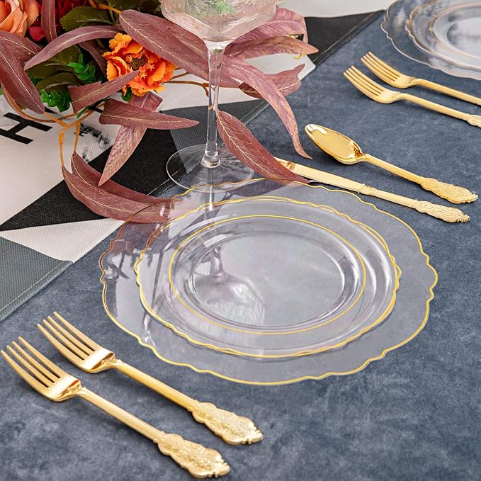 YOUBET 125PCS Clear Gold Plastic Plates