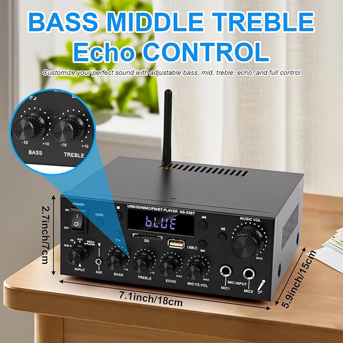 Romica Stereo Audio Amplifier, 2 Channel 500W Bluetooth 5.0 Home Theater Power