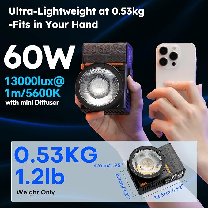 SIRUI C60X 60W Portable Photography Light, Ultra-Quiet 24.9dB & 0.53KG Compact