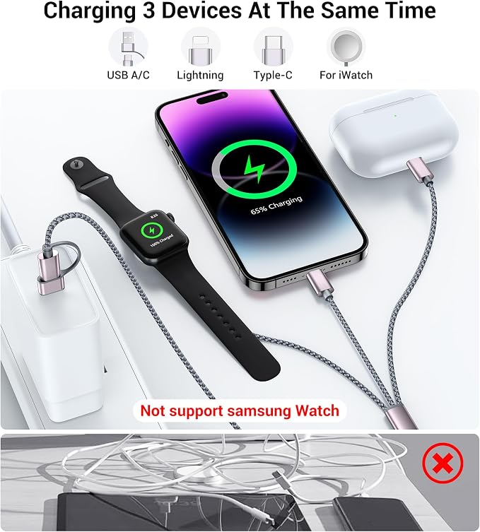 Temdan for Travel Essentials, 3 in 2 USB C Cable for Apple Watch Charger/iPhone