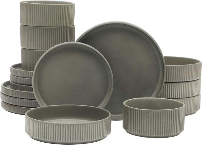 Gibson Elite Deerfield 16-Piece Stoneware Dinnerware Set – Soft Grey Reactive