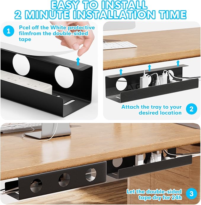 Self-Adhesive Under Desk Cable Management Tray 2 Pcs Steel Under Desk Wires