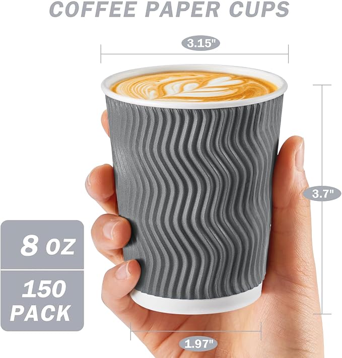 Clawsoff 150 Pack 8 oz Coffee Cups Disposable Insulated Paper Cup Gray |