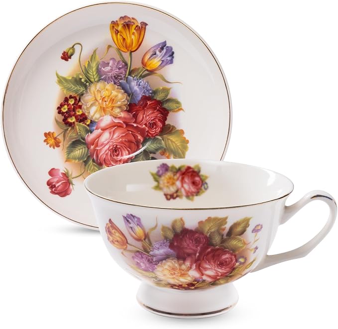 Tea Cups and Saucers, 10 OZ Bone Vintage Porcelain Coffee Cup
