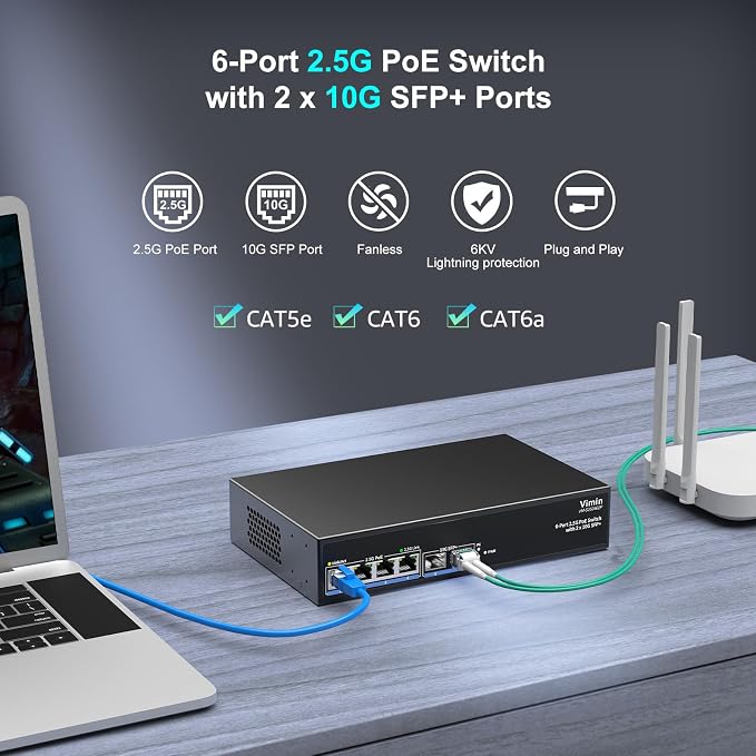 6-Port 2.5G PoE Switch Unmanaged, 4X 2.5GBase-T PoE Ports, 2X 10Gbps SFP
