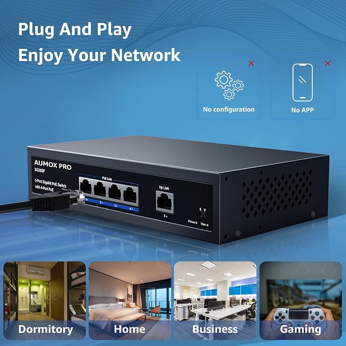 5 Port Gigabit PoE Switch, AUMOX PRO SG305P 4 Port PoE Gigabit Ethernet