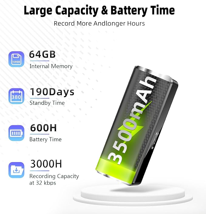 Z8Pro 128GB LED Power Display Magnetic Voice Recorder, 35Days Continuous
