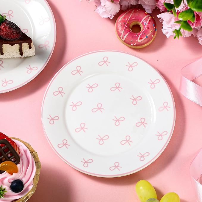 Honeydak 6 Pcs 6 Inch Pink Bow Ceramic Plates Coquette Bachelorette Tableware